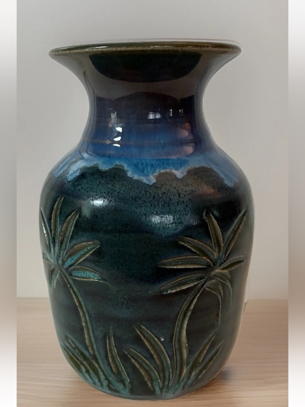Signed Pottery Ceramic Tropical Palm Tree Blue Green Vase 7.25” Beachy Coastal